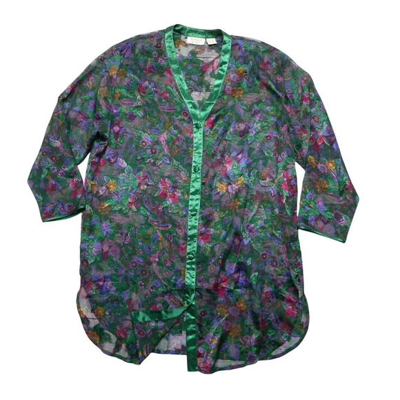 Victoria's Secret Other - Vintage Victoria's Secret Robe Womens M/L Green Floral Chiffon Kimono Sheer